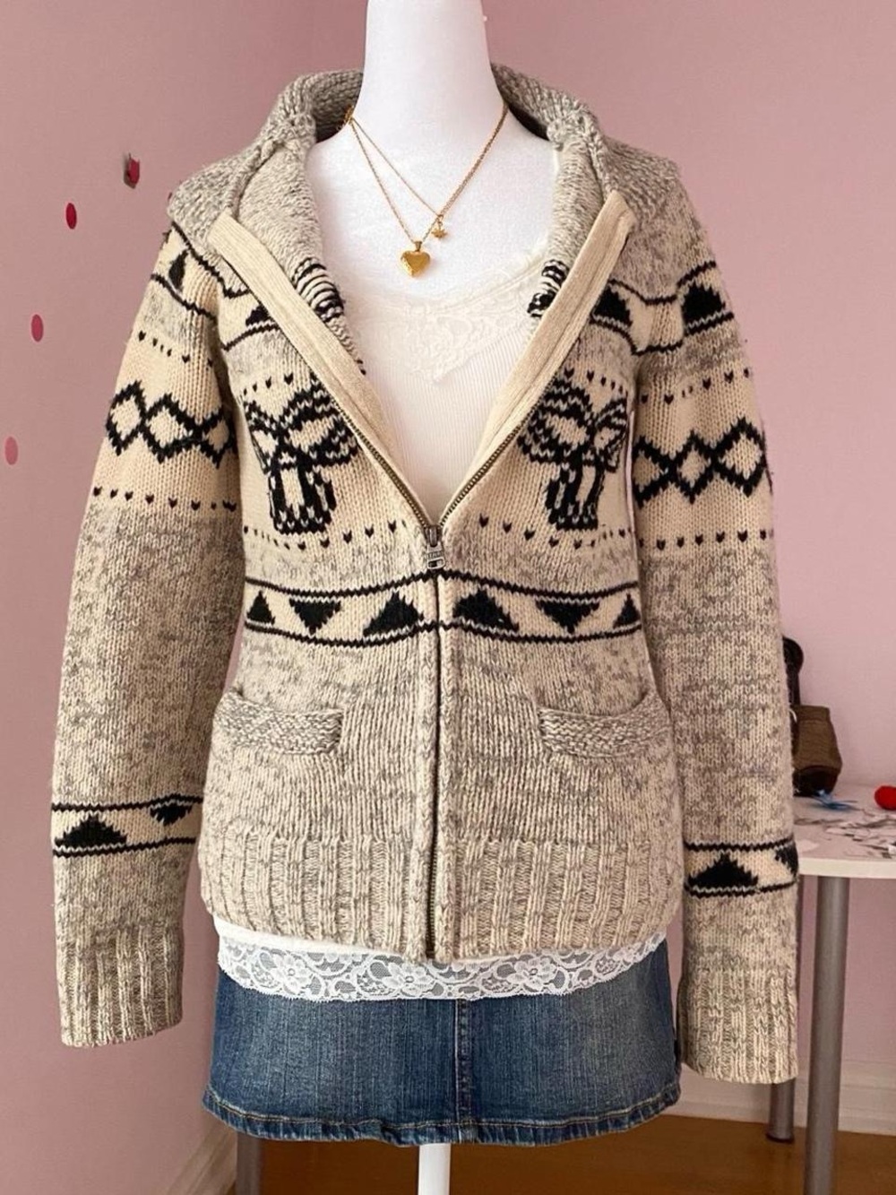 vintage 2000s TNAA cream/beige knit zip up sweater
